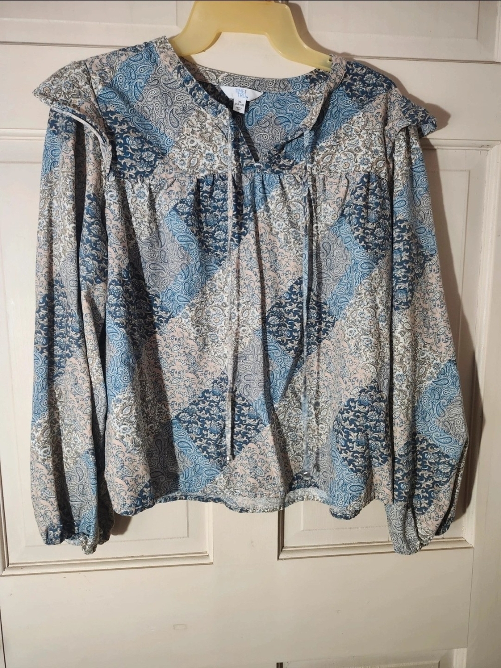 Time and Tru Blue Paisley Patchwork Peasant Blouse